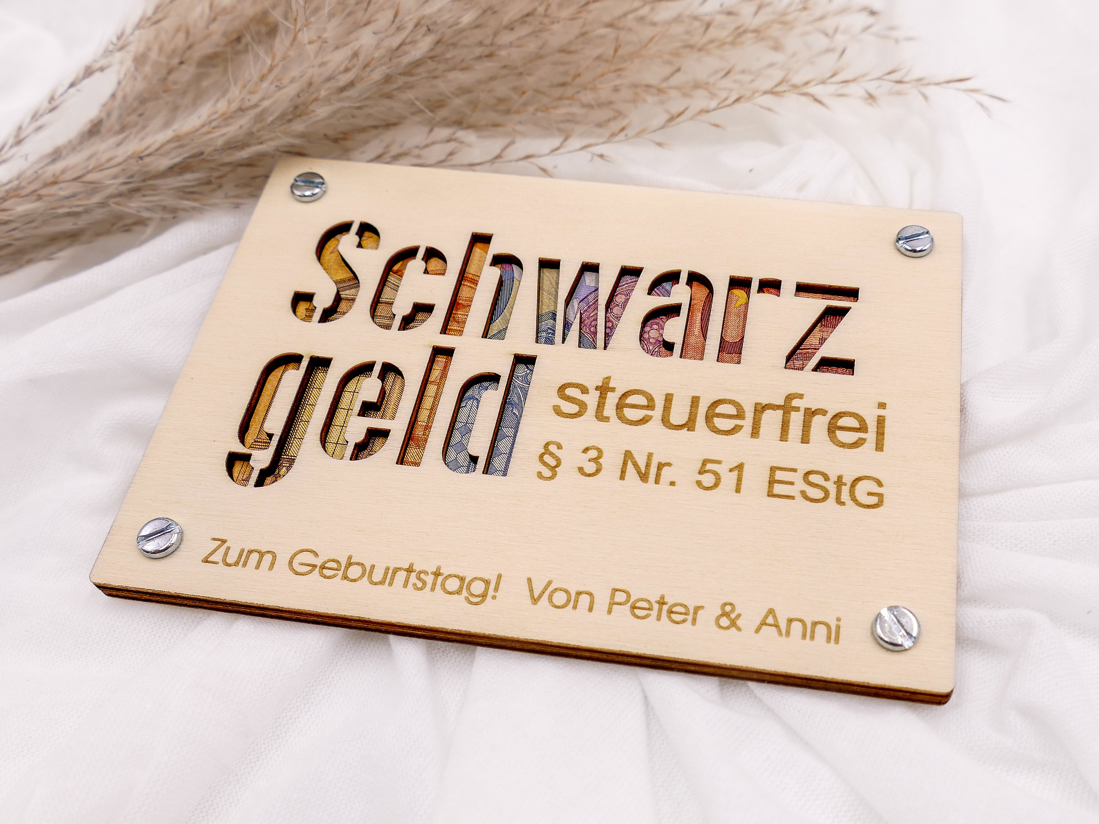 Lustige Geldgeschenk Karte „Schwarzgeld“ aus Holz als originelle Geschenkidee