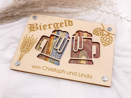Lustige Geldgeschenk Karte „Biergeld“ aus Holz mit Bier Motiv